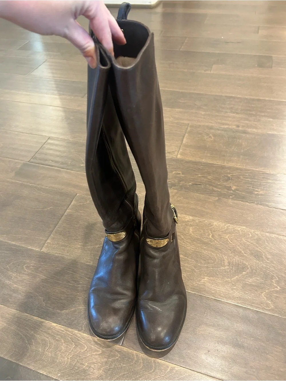 Michael Kors Dark Brown Leather Riding Boots with Gold Hardware